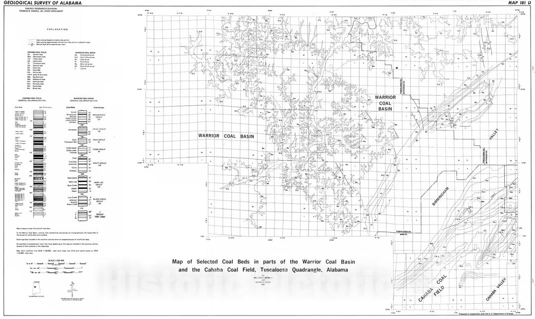Map : Map of selected coal beds in parts of the Warrior coal basin and the Cahaba coal field, Tuscaloosa Quadrangle, Alabama, 1981 Cartography Wall Art :