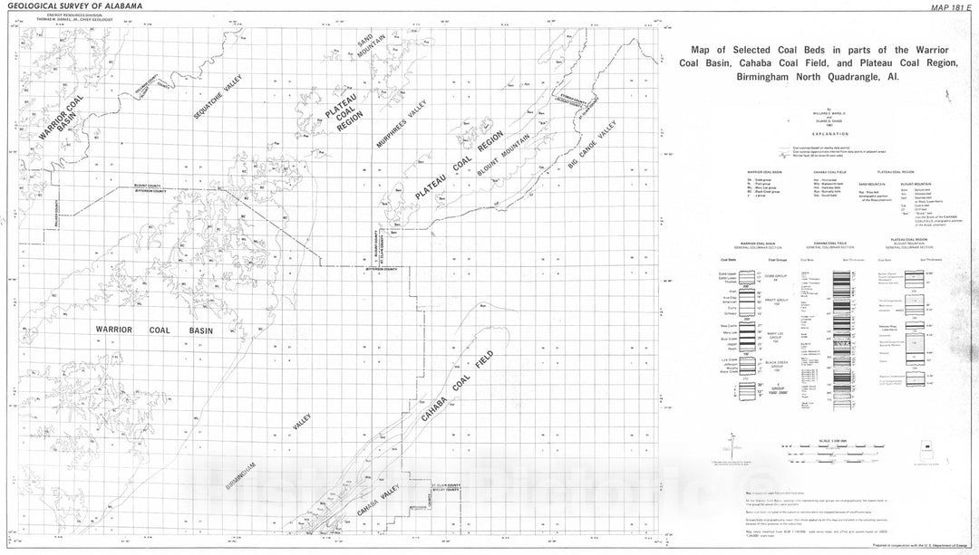 Map : Map of selected coal beds in parts of the Warrior coal basin, Cahaba coal field and Plateau coal region, Birmingham North Quadrangle, Alabama, 1981 Cartography Wall Art :