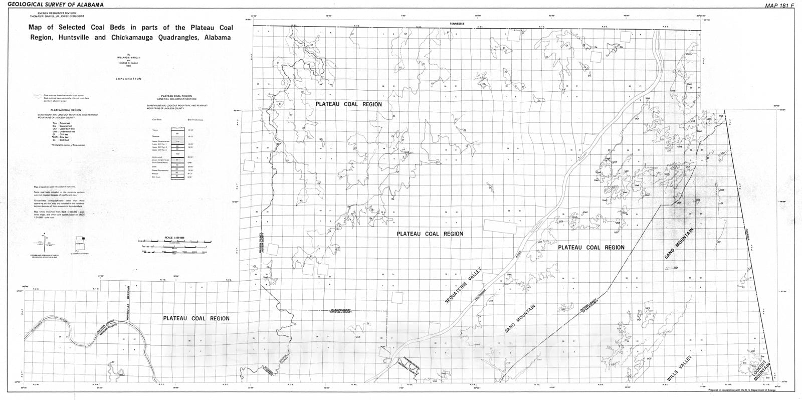 Map : Map of selected coal beds in parts of the Plateau coal region, Huntsville and Chickamauga Quadrangles, Alabama, 1981 Cartography Wall Art :