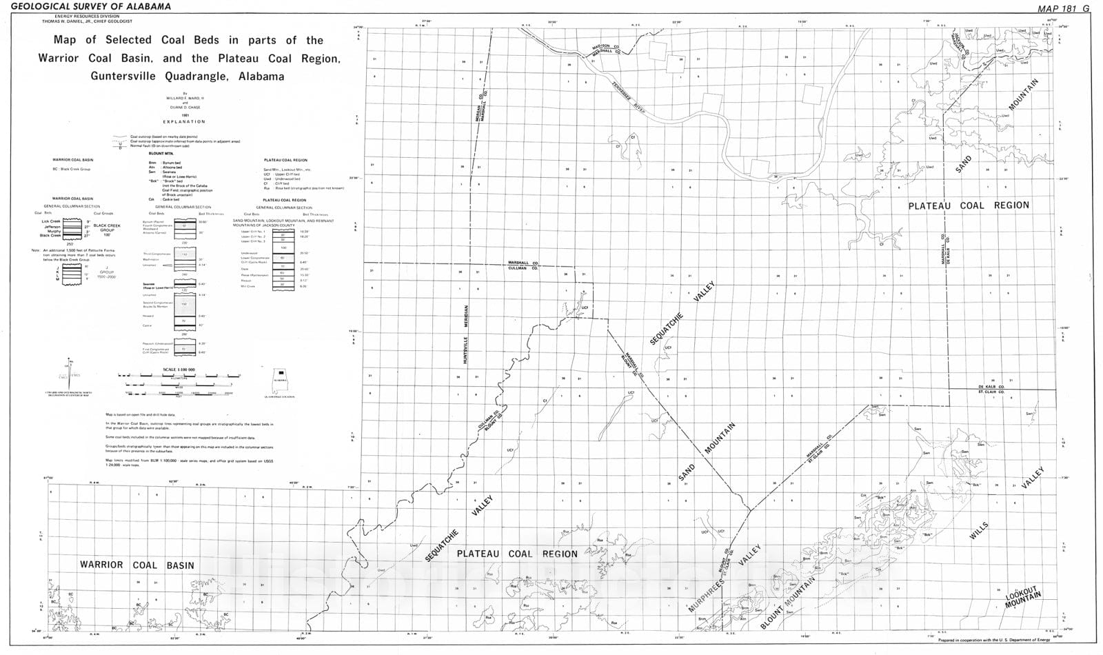 Map : Map of selected coal beds in parts of the Warrior coal basin and the Plateau coal region, Guntersville Quadrangle, Alabama, 1981 Cartography Wall Art :