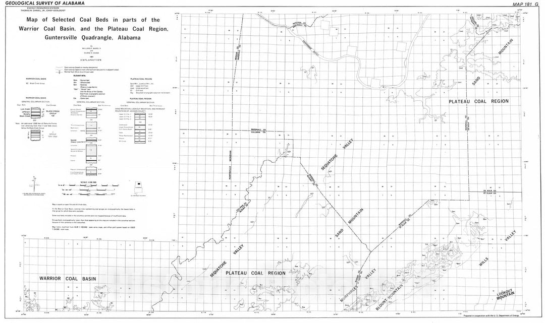 Map : Map of selected coal beds in parts of the Warrior coal basin and the Plateau coal region, Guntersville Quadrangle, Alabama, 1981 Cartography Wall Art :
