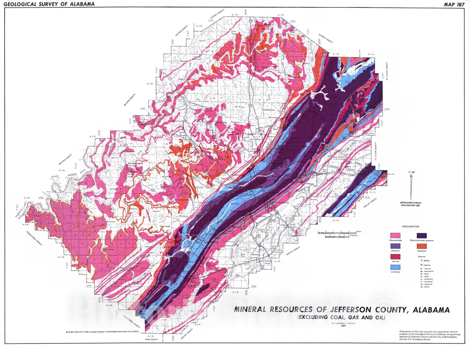 Map : Mineral resources of Jefferson County, Alabama (excluding coal, gas, and oil), 1981 Cartography Wall Art :