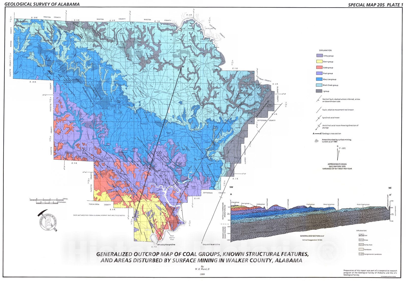 Map : Coal resources of Walker County, Alabama, 1989 Cartography Wall Art :