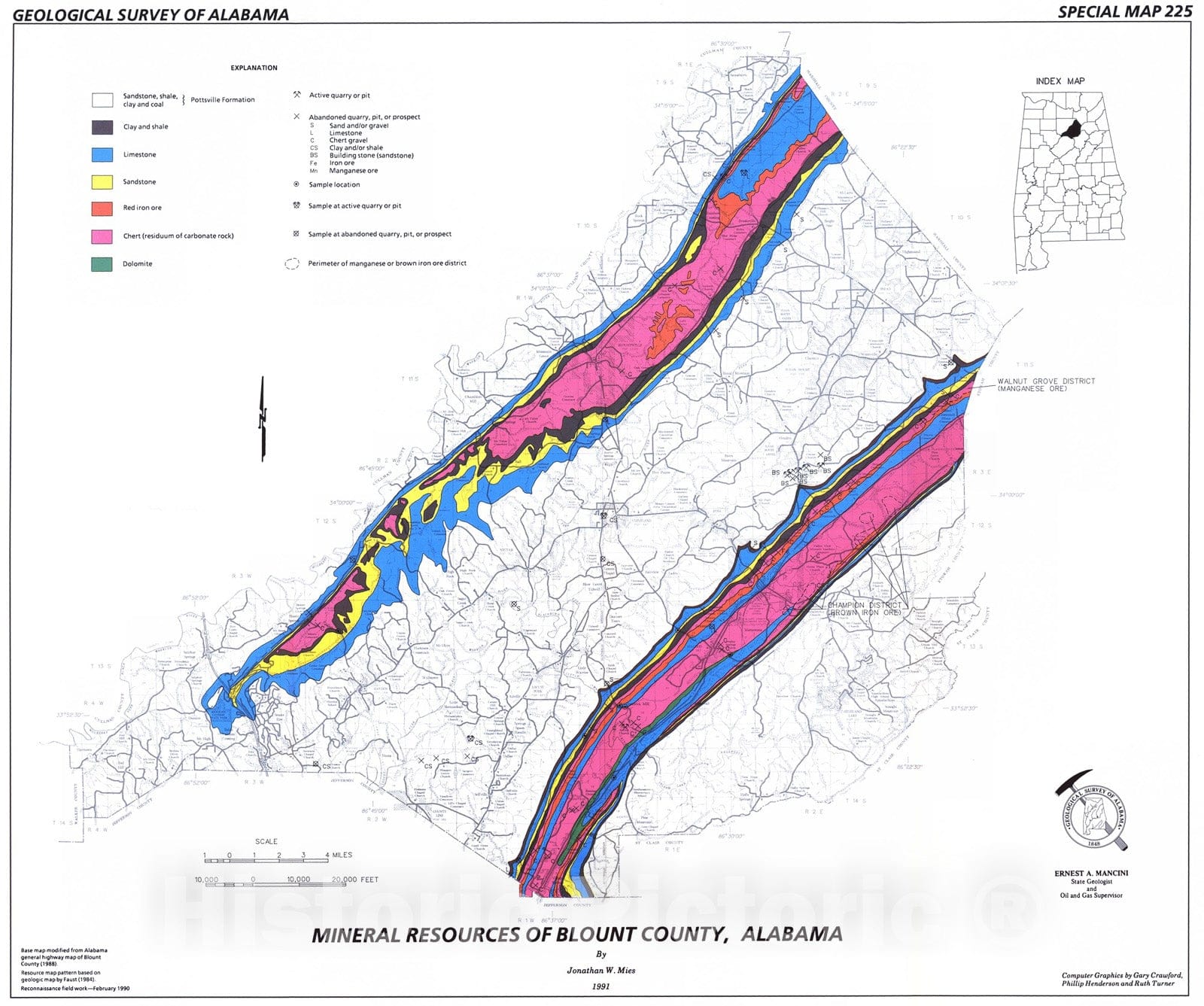 Map : Mineral resources of Blount County, Alabama, 1991 Cartography Wall Art :