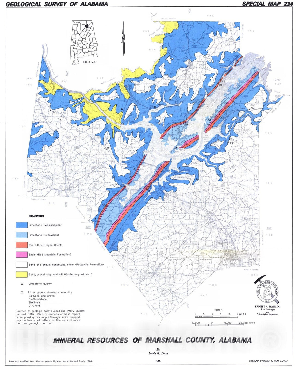 Map : Mineral resources of Marshall County, Alabama, 1992 Cartography Wall Art :