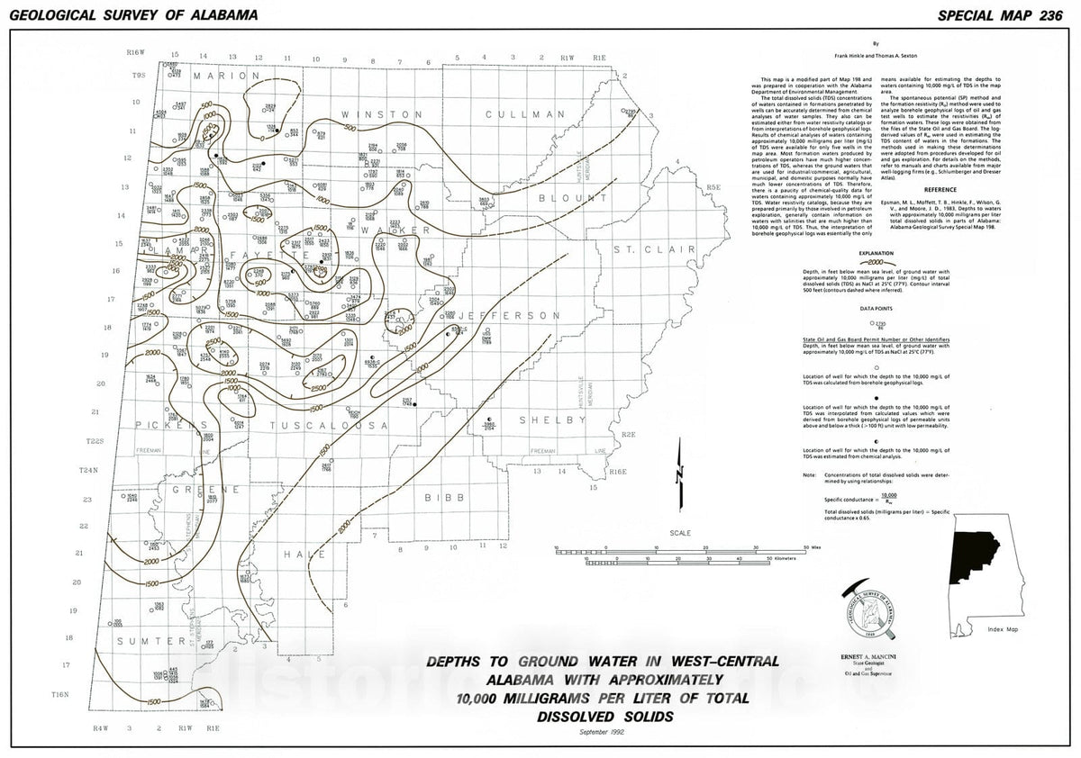 Map : Depths to ground water in west-central Alabama with approximately 10,000 milligrams per liter of total dissolved solids, 1992 Cartography Wall Art :