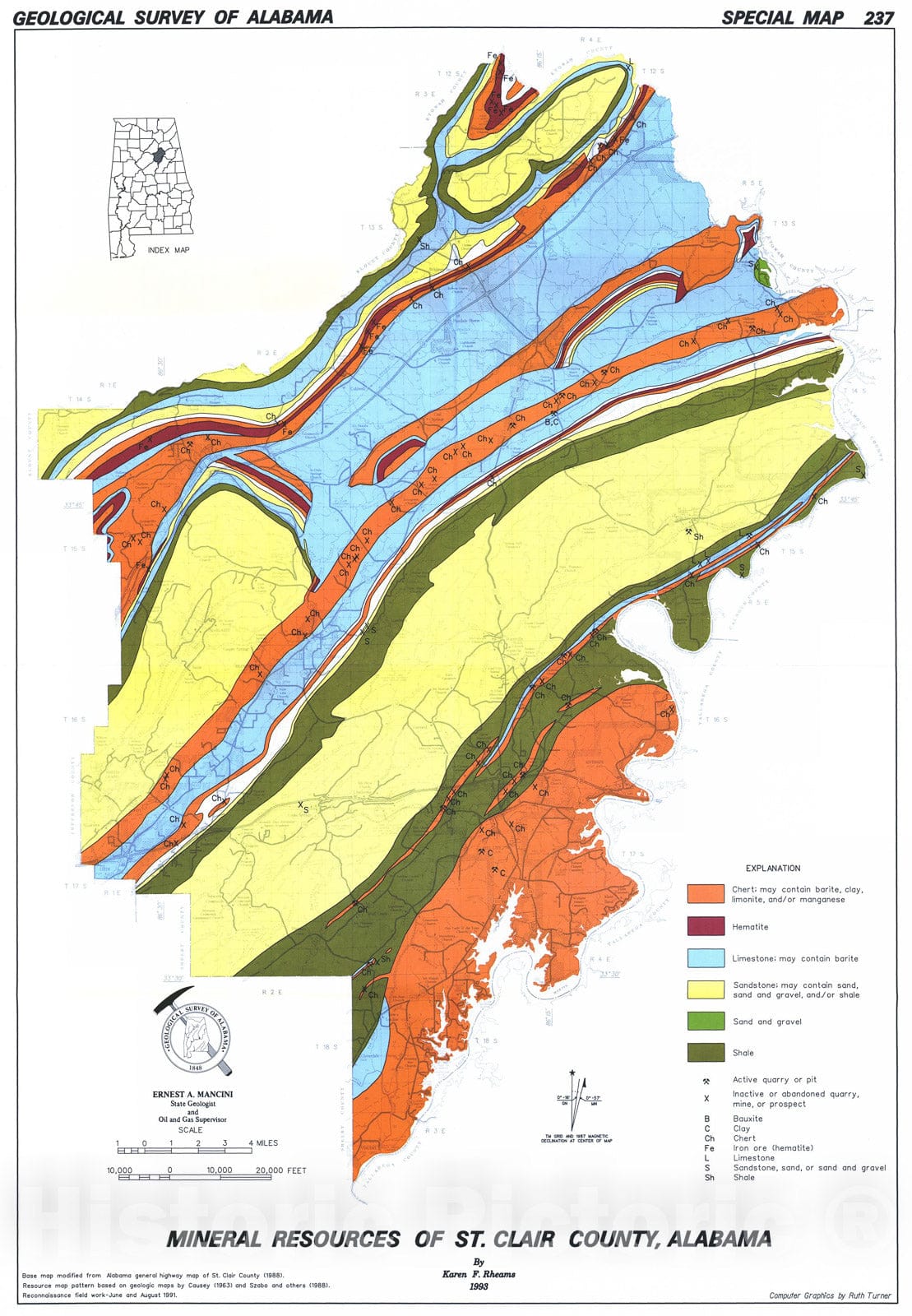 Map : Mineral resources of St. Clair County, Alabama, 1993 Cartography Wall Art :