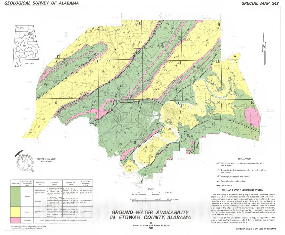 Map : Ground-water availability in Etowah County, Alabama, 1995 Cartography Wall Art :