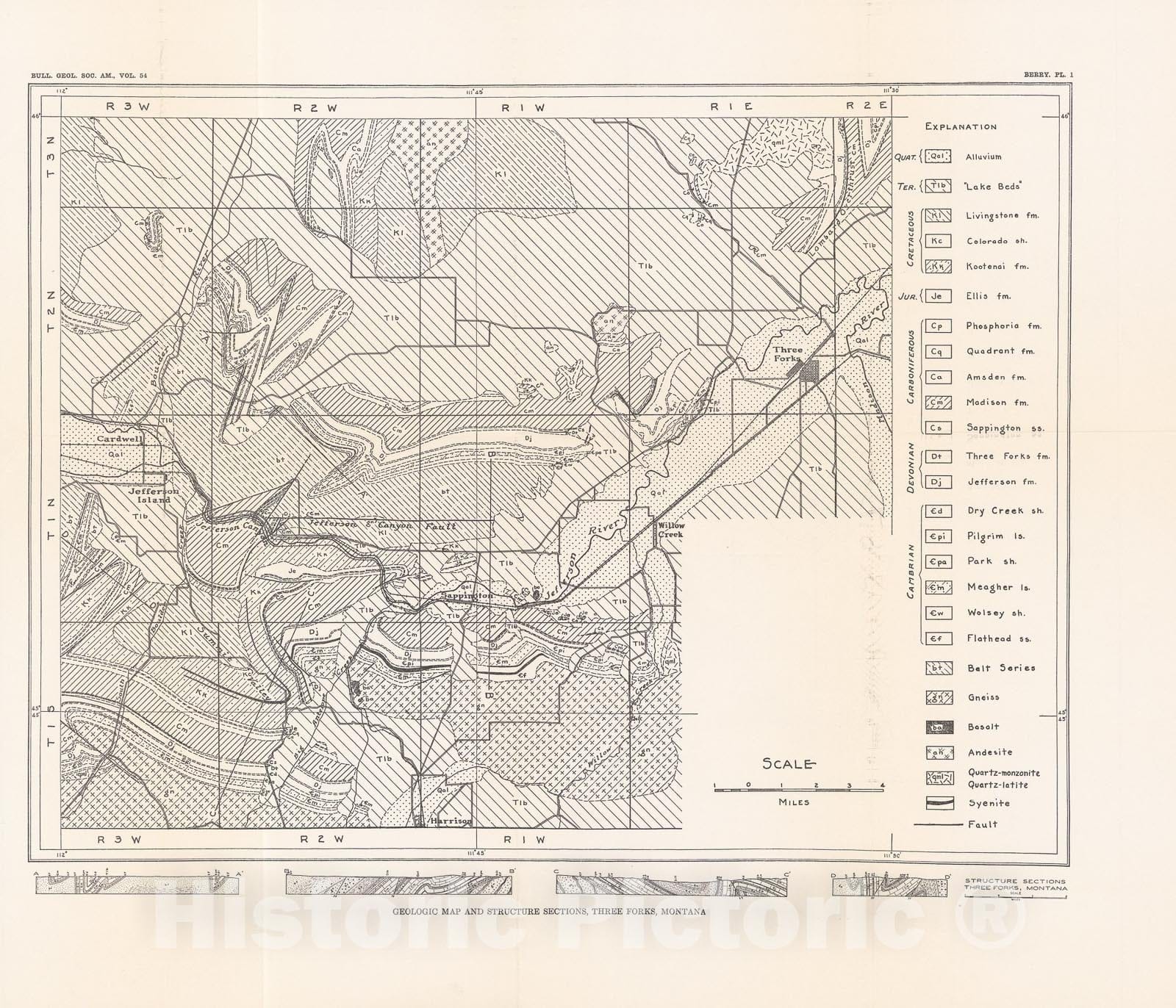 Map : Stratigraphy and structure at Three Forks, Montana, 1943 Cartography Wall Art :