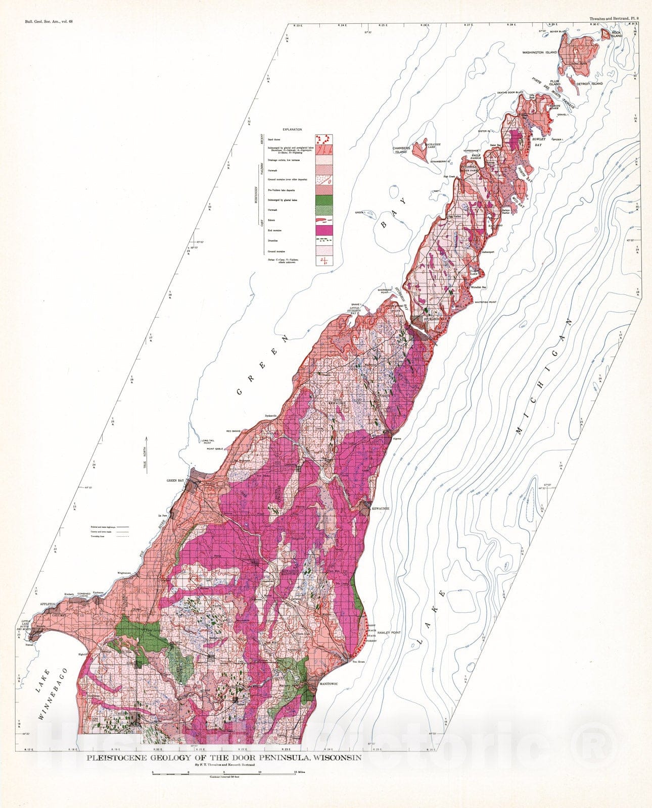 Map : Pleistocene geology of the Door Peninsula, Wisconsin, 1957 Cartography Wall Art :