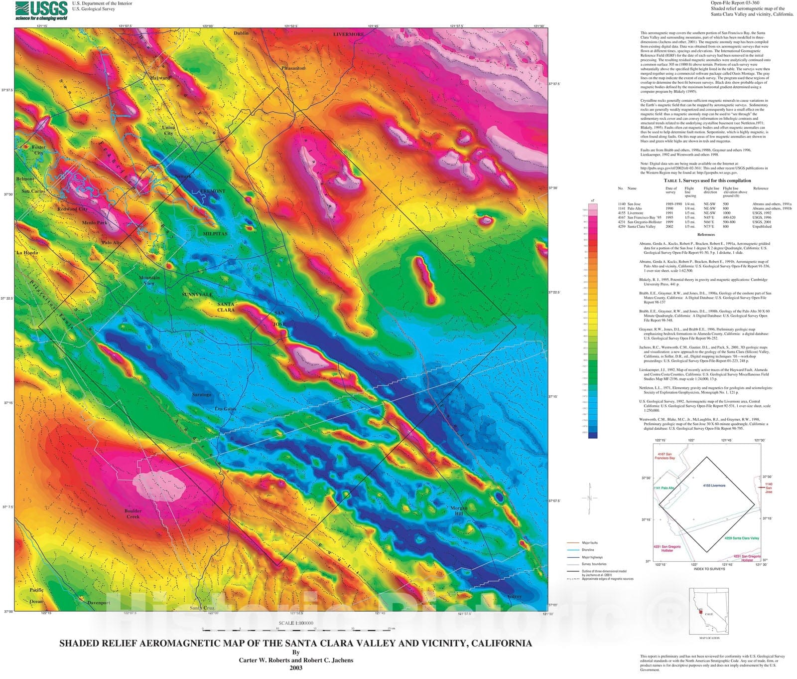 Map : Shaded relief aeromagnetic map of the Santa Clara Valley and vicinity, California, 2003 Cartography Wall Art :