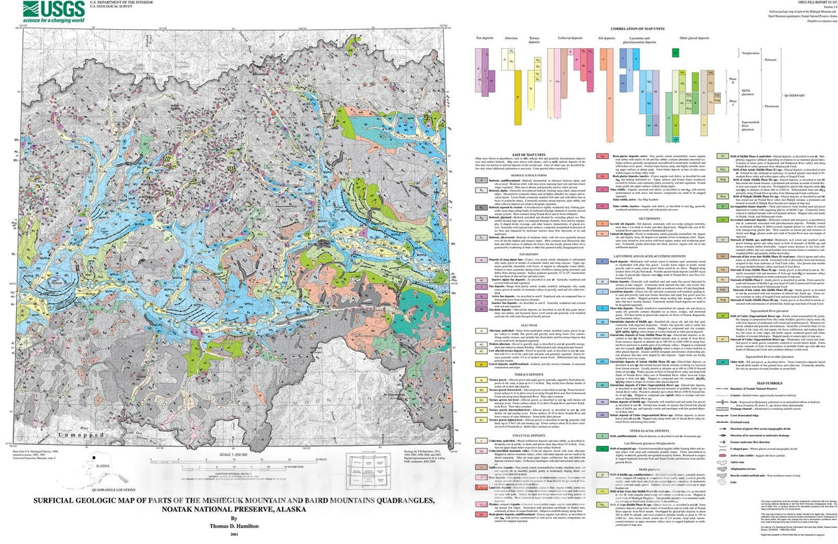 Map : Surficial geologic map of parts of the Misheguk Mountain and Baird Mountains quadrangles, Noatak National Preserve, Alaska, 2003 Cartography Wall Art :