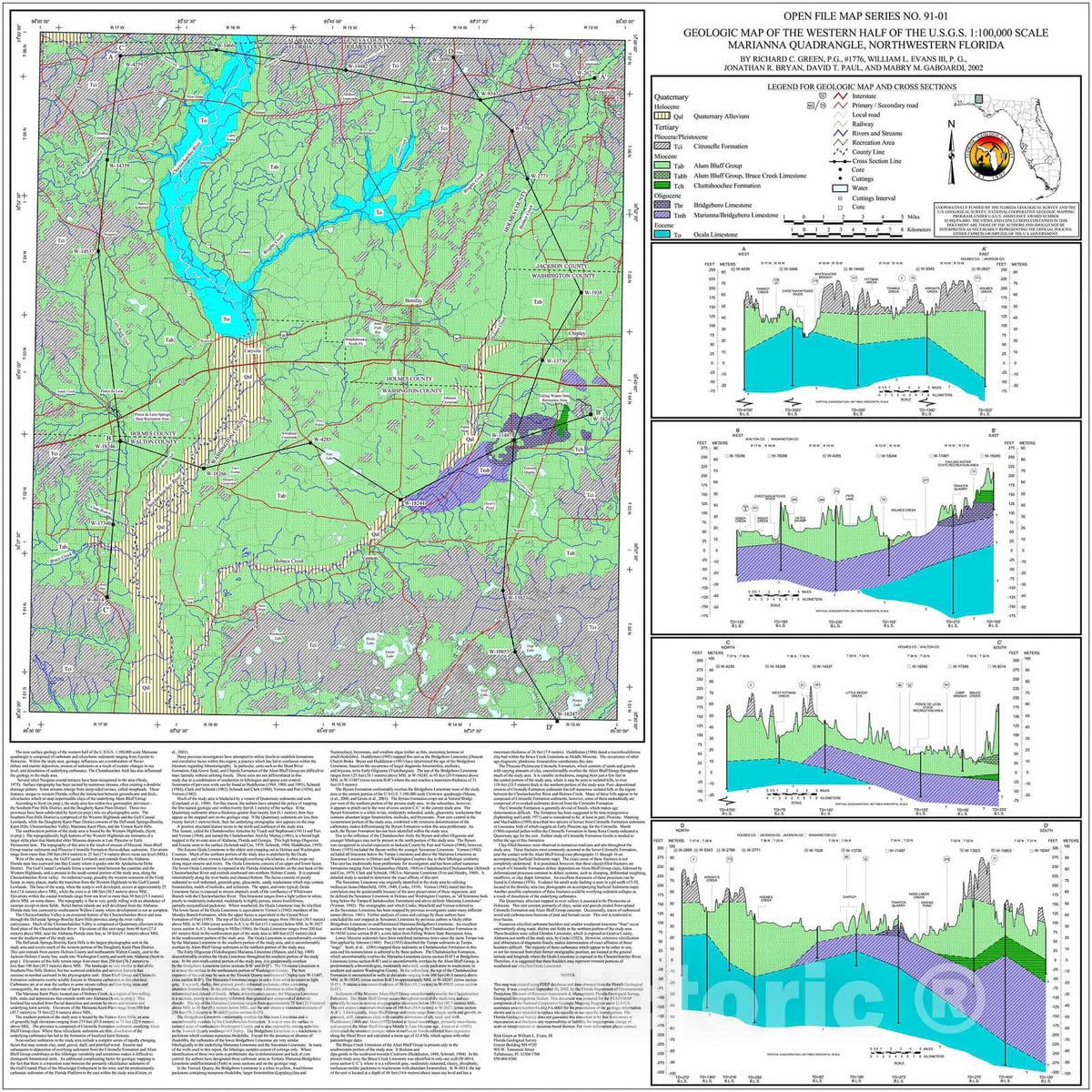 Map : Surficial and Bedrock Geology of the Western Portion of the U.S.G.S. 1:100,000 Scale Marianna Quadrangle. Northwestern Florida., 2002 Cartography Wall Art :