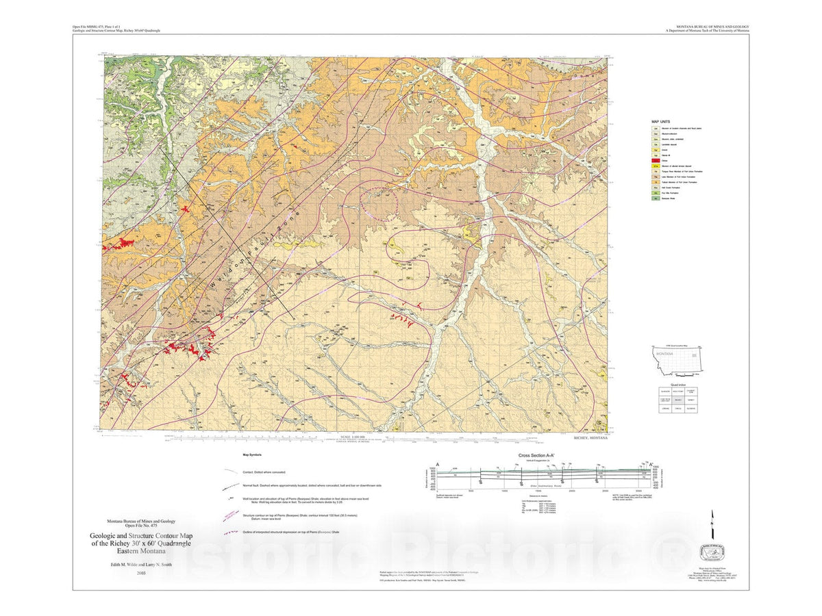 Map : Geologic and structure contour map of the Richey 30' x 60' quadrangle, eastern Montana, 2003 Cartography Wall Art :