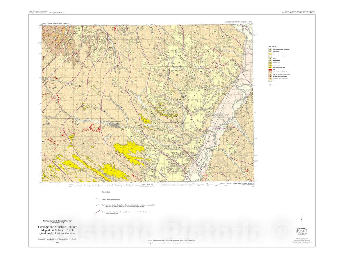 Map : Geologic and structure contour map of the Sidney 30' x 60' quadrangle, eastern Montana and adjacent North Dakota, 2003 Cartography Wall Art :