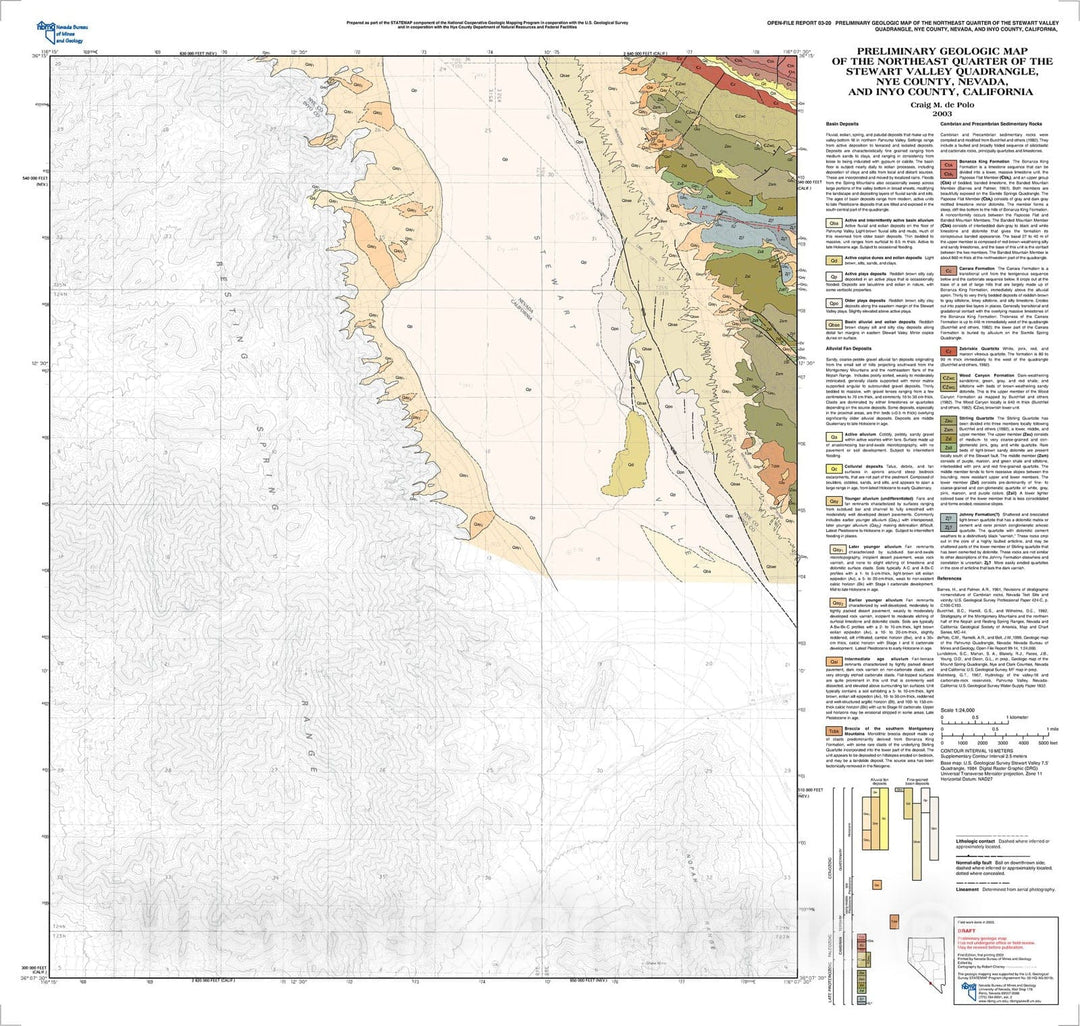 Map : Preliminary geologic map of the northeast quarter of the Stewart Valley Quadrangle, Nye County, Nevada and Inyo County, California, 2003 Cartography Wall Art :