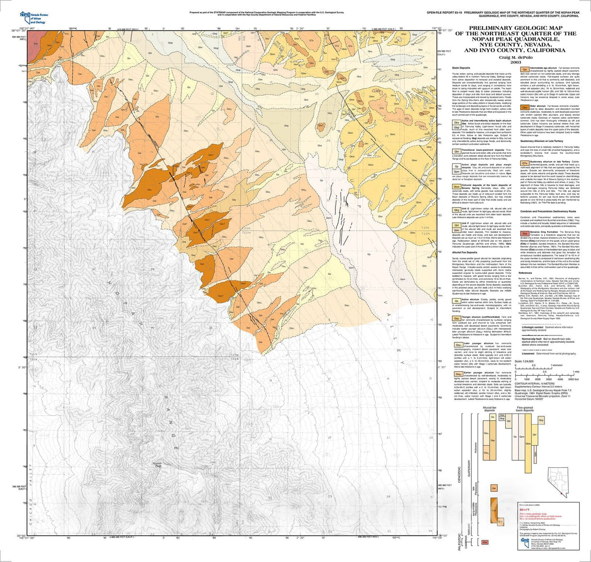 Map : Preliminary geologic map of the northeast quarter of the Nopah Peak Quadrangle, Nye County, Nevada, and Inyo County, California, 2003 Cartography Wall Art :