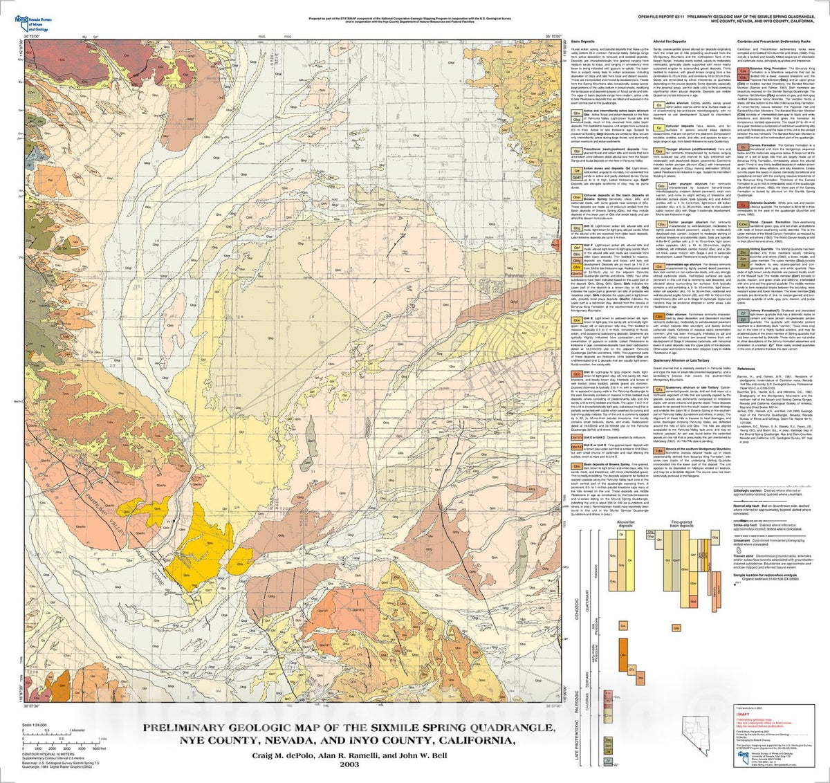 Map : Preliminary geologic map of the Sixmile Spring Quadrangle, Nye County, Nevada, and Inyo County, California, 2001 Cartography Wall Art :