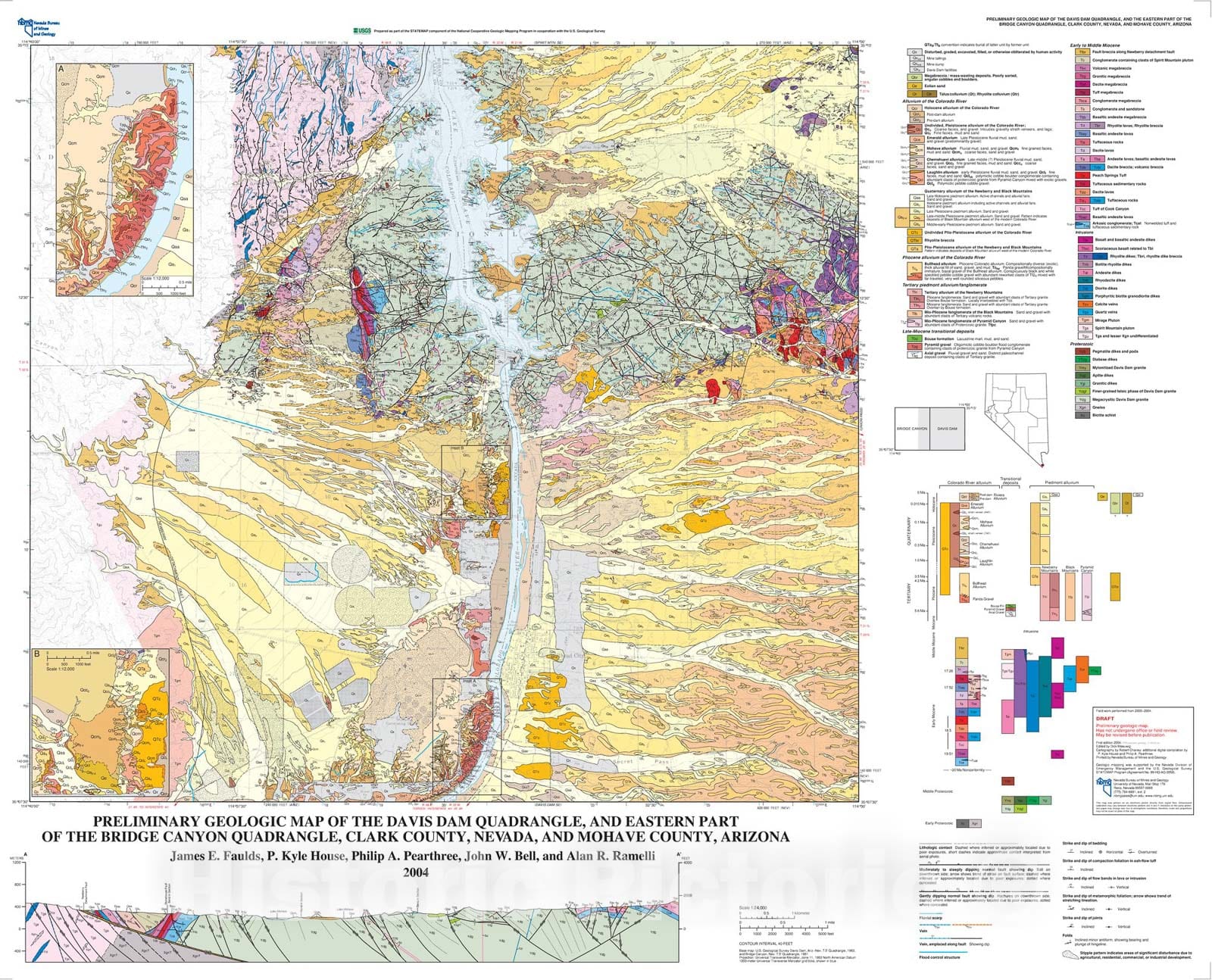 Map : Preliminary geologic map of the Davis Dam Quadrangle, Clark County, Nevada, and Mohave County, Arizona, 2001 Cartography Wall Art :