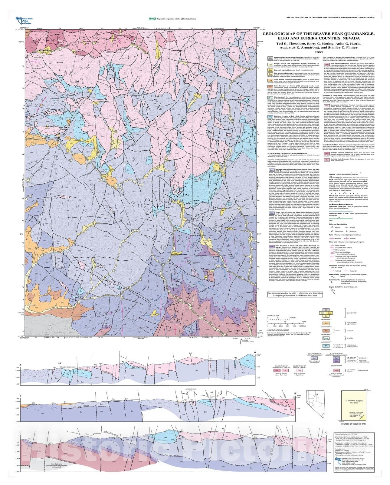 Map : Geologic Map of the Beaver Peak Quadrangle, Elko and Eureka Counties, Nevada, 2000 Cartography Wall Art :