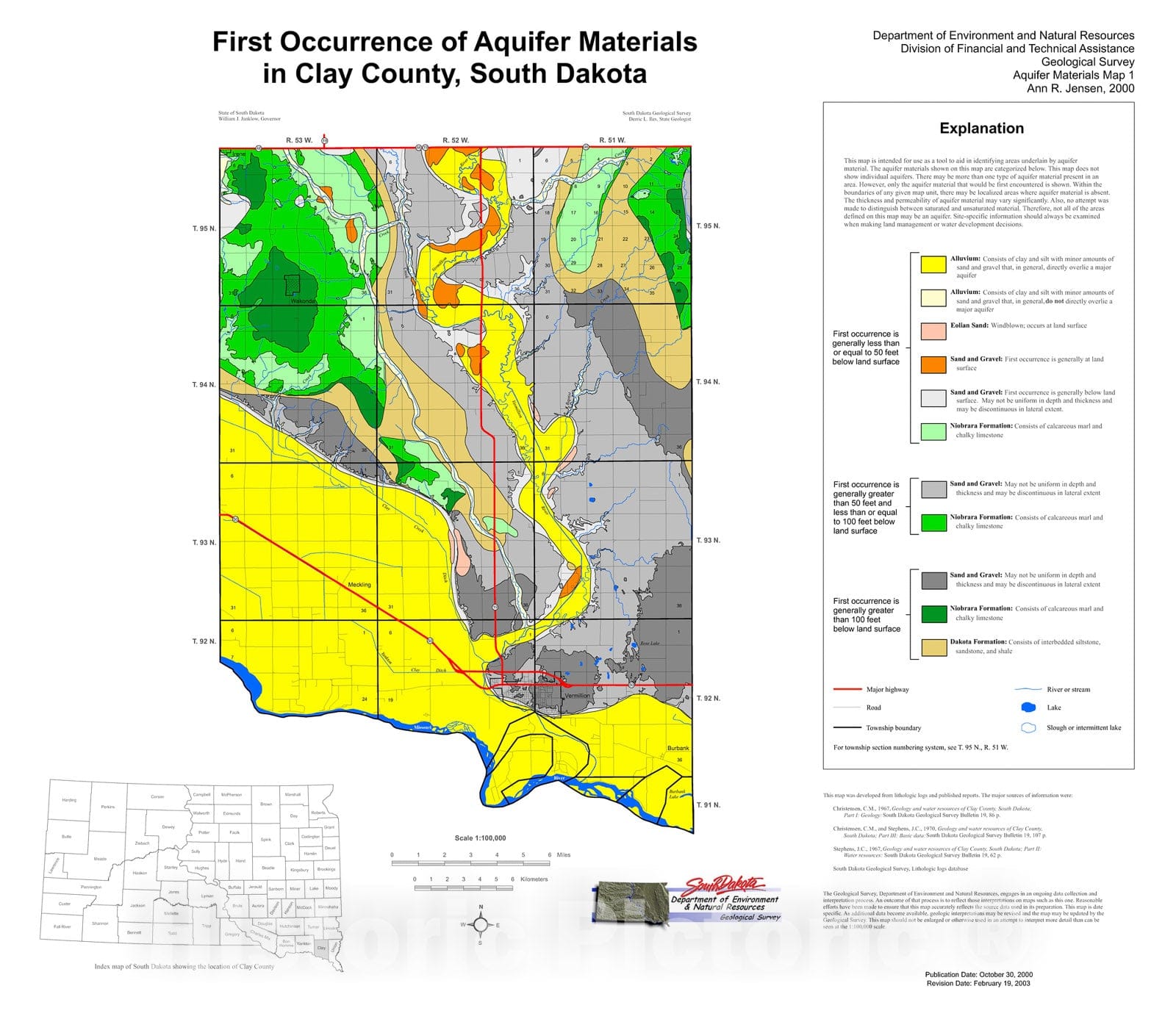 Map : First occurrence of aquifer materials in Clay County, South Dakota, 2000 Cartography Wall Art :