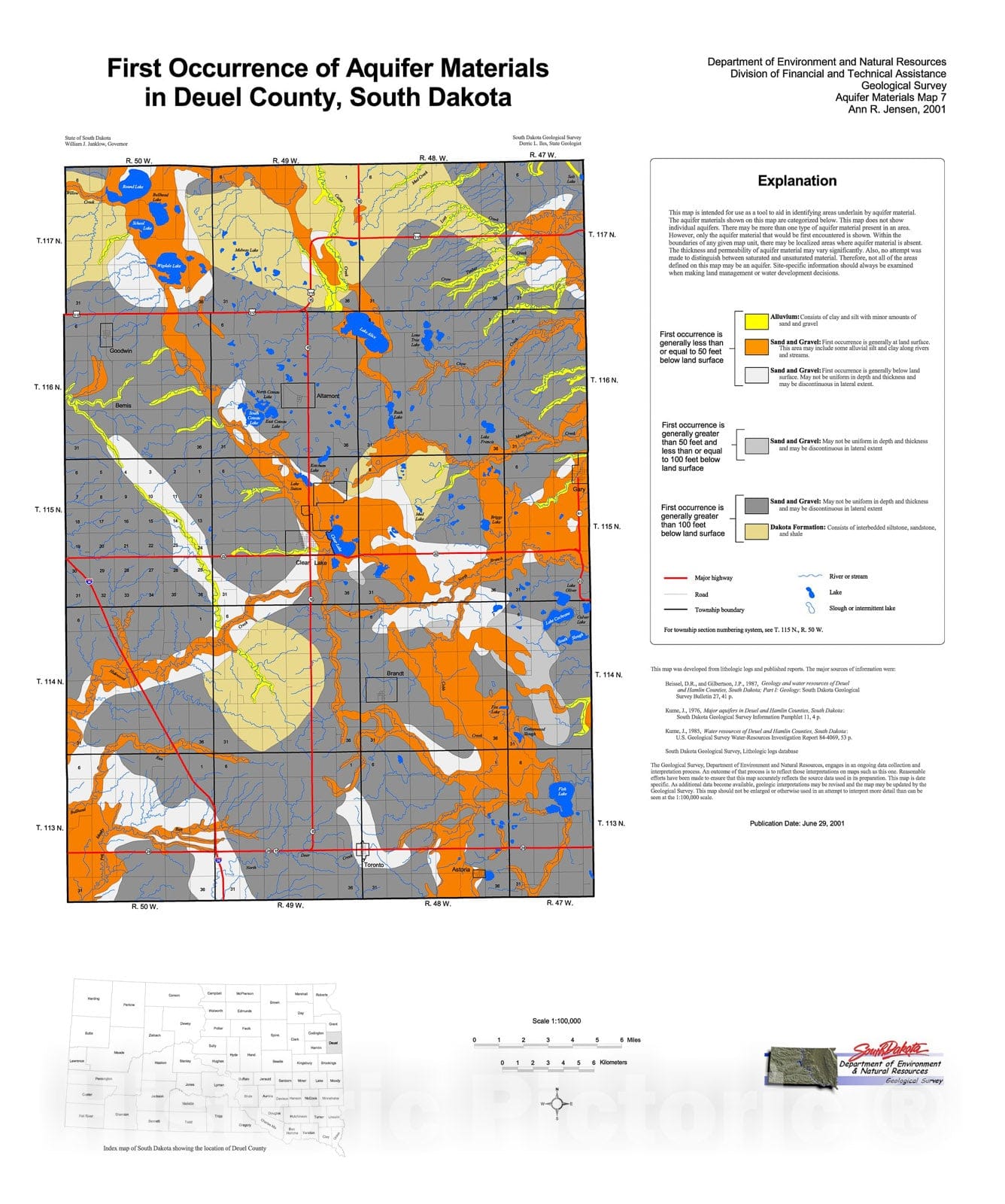 Map : First occurrence of aquifer materials in Deuel County, South Dakota, 2001 Cartography Wall Art :