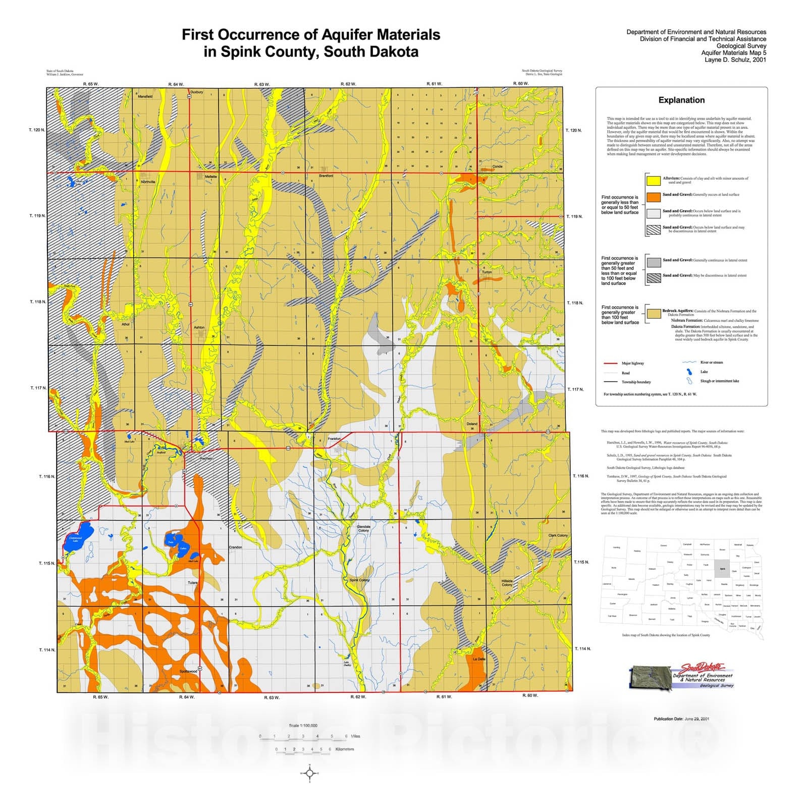 Map : First occurrence of aquifer materials in Spink County, South Dakota, 2001 Cartography Wall Art :