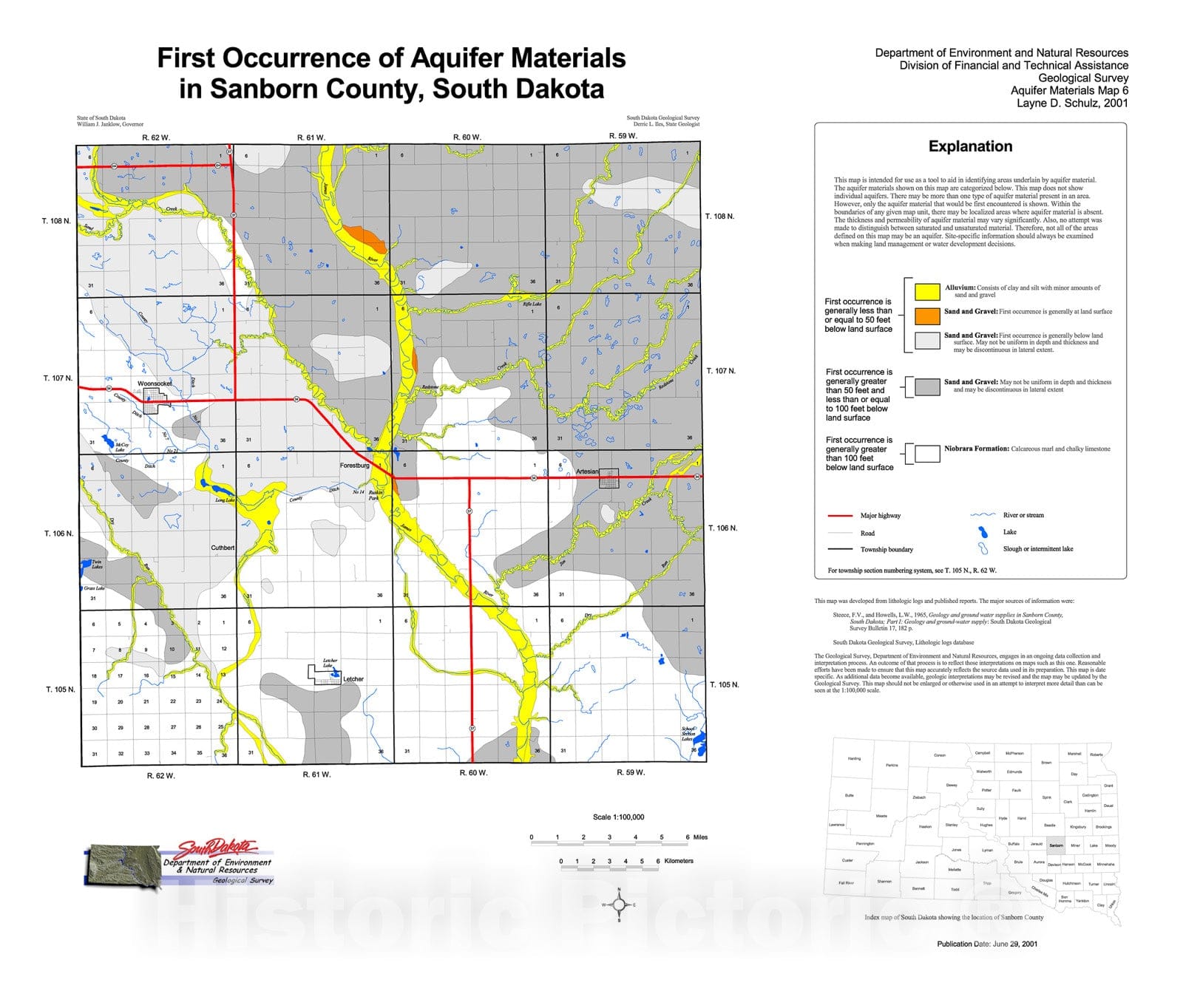 Map : First occurrence of aquifer materials in Sanborn County, South Dakota, 2001 Cartography Wall Art :