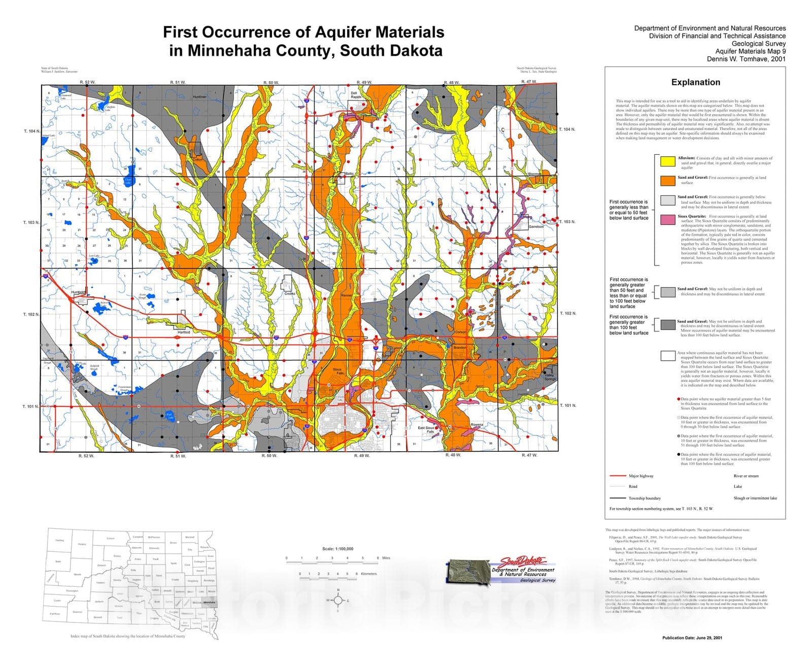 Map : First occurrence of aquifer materials in Minnehaha County, South Dakota, 2001 Cartography Wall Art :