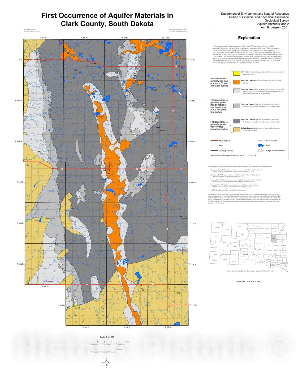 Map : First occurrence of aquifer materials in Clark County, South Dakota, 2001 Cartography Wall Art :