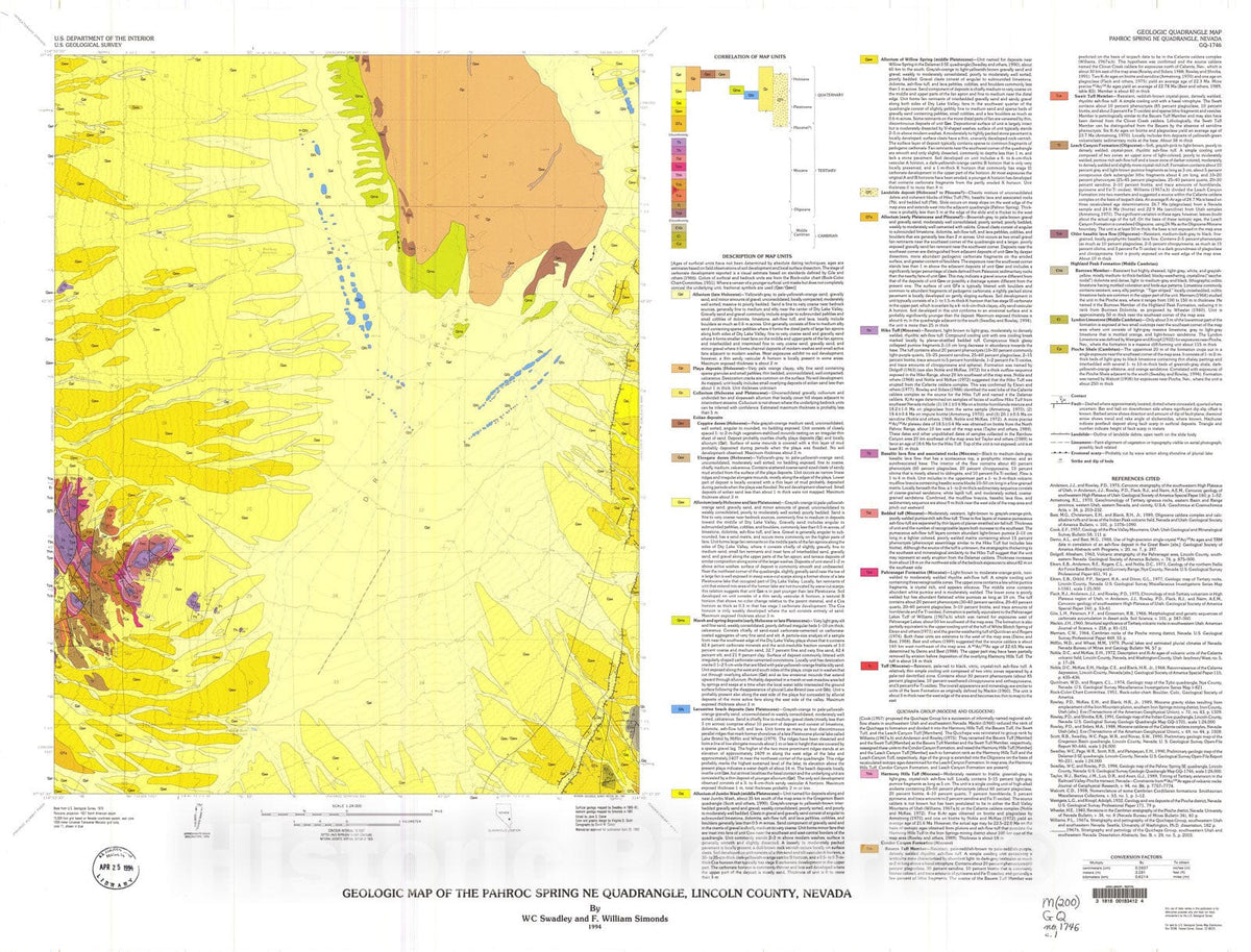 Map : Geologic map of the Pahroc Spring NE quadrangle, Lincoln County, Nevada, 1994 Cartography Wall Art :