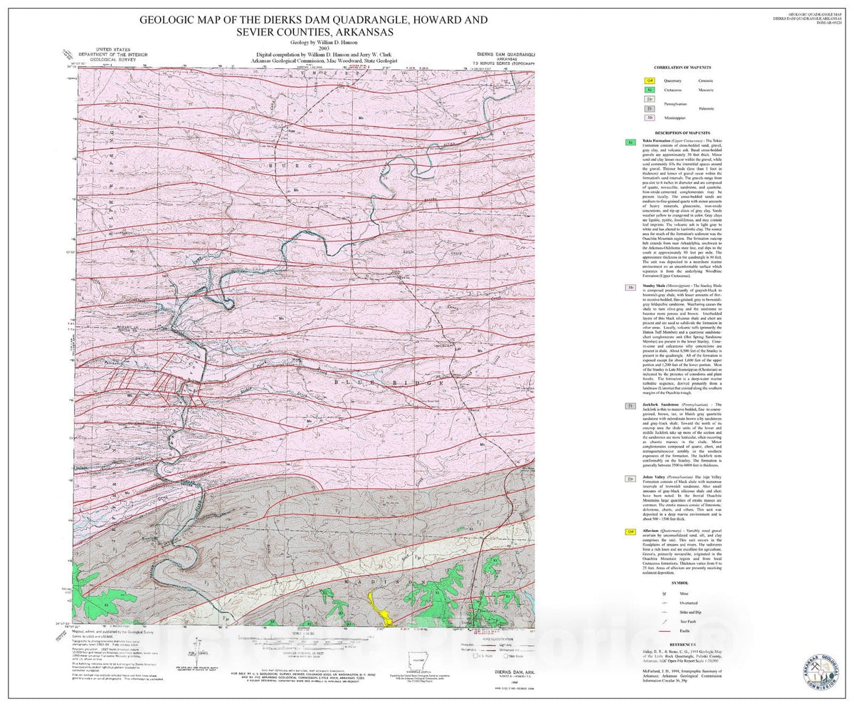 Map : Geologic Map of the Dierks Dam Quadrangle, Howaard and Sevier Counties, Arkansas, 2003 Cartography Wall Art :