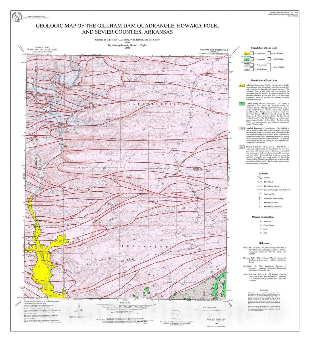 Map : Geologic Map of the Gillham Dam Quadrangle, Polk, Howard, and Sevier Counties, Arkansas, 2008 Cartography Wall Art :