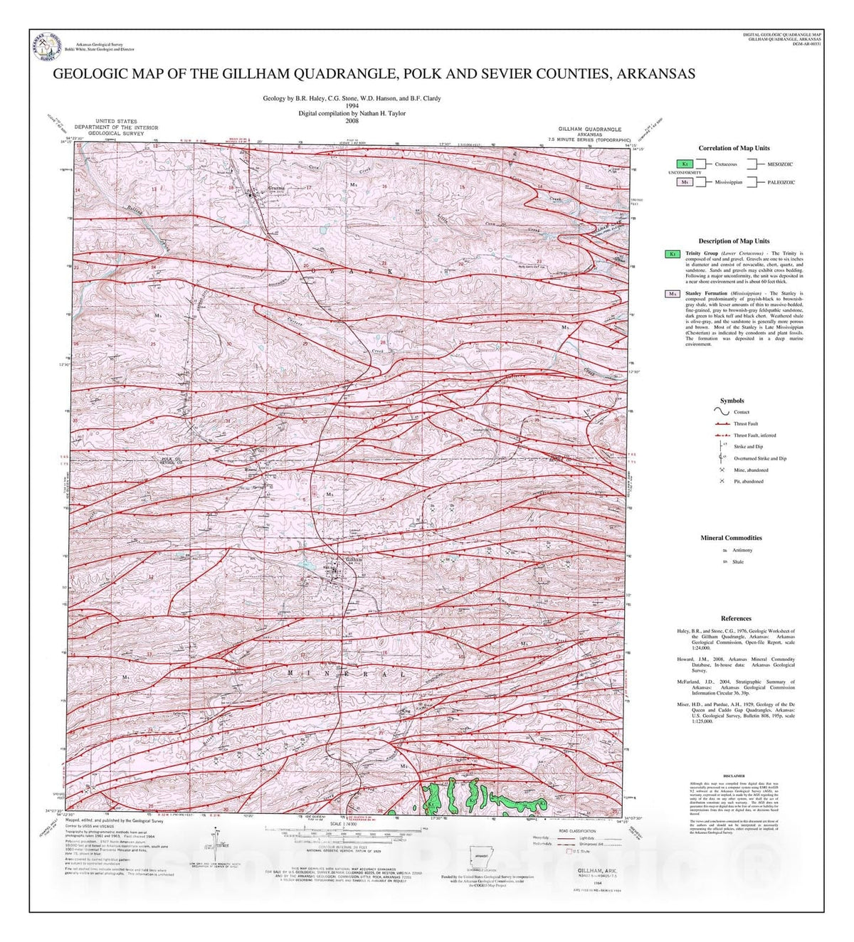 Map : Geologic Map of the Gillham Quadrangle, Polk and Sevier Counties, Arkansas, 2003 Cartography Wall Art :