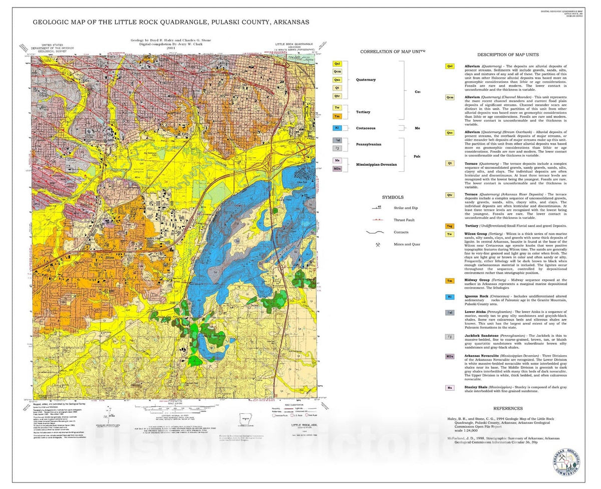 Map : Geologic Map of the Little Rock Quadrangle, Pulaski County, Arkansas, 2001 Cartography Wall Art :