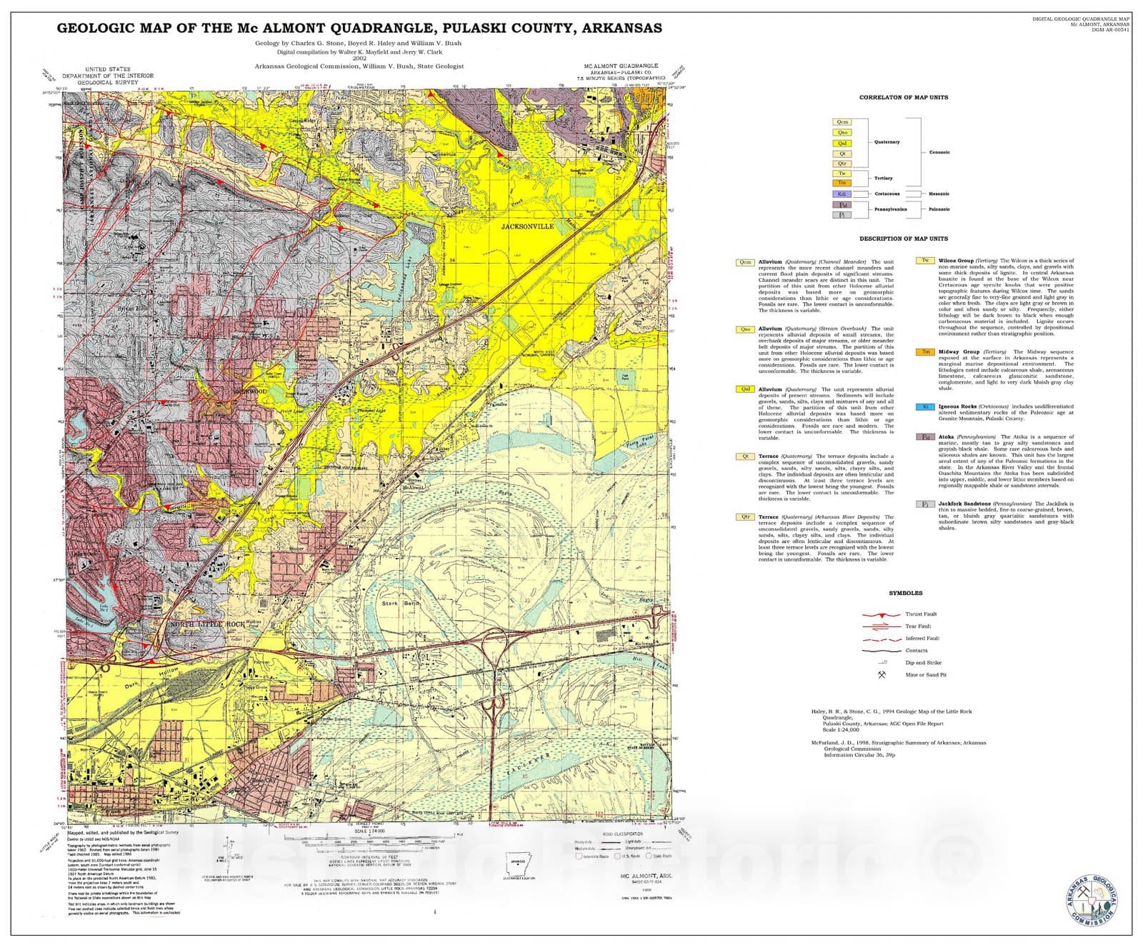Map : Geologic Map of the McAlmont Quadrangle, Pulaski County, Arkansas, 2002 Cartography Wall Art :