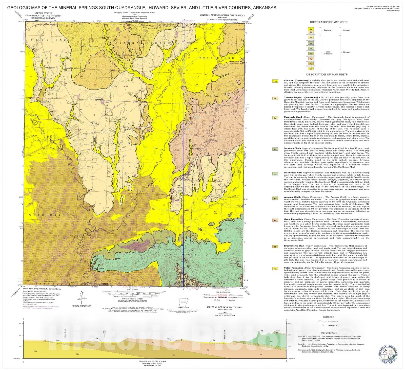 Map : Geologic Map of the Mineral Springs South Quadrangle, Howard, Sevier, Little River, and Hempstead Counties, Arkansas, 1995 Cartography Wall Art :