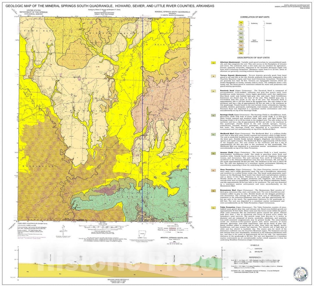 Map : Geologic Map of the Mineral Springs South Quadrangle, Howard, Sevier, Little River, and Hempstead Counties, Arkansas, 1995 Cartography Wall Art :