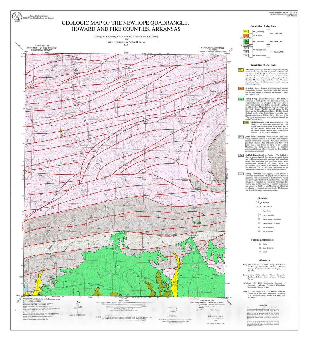 Map : Geologic Map of the Newhope Quadrangle, Howard and Pike Counties, Arkansas, 2008 Cartography Wall Art :