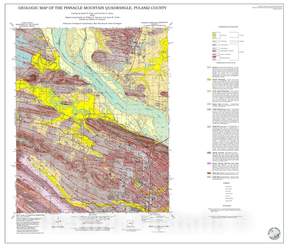 Map : Geologic Map of the Pinnacle Mountain Quadrangle, Pulaski and Faulkner Counties, Arkansas, 2003 Cartography Wall Art :