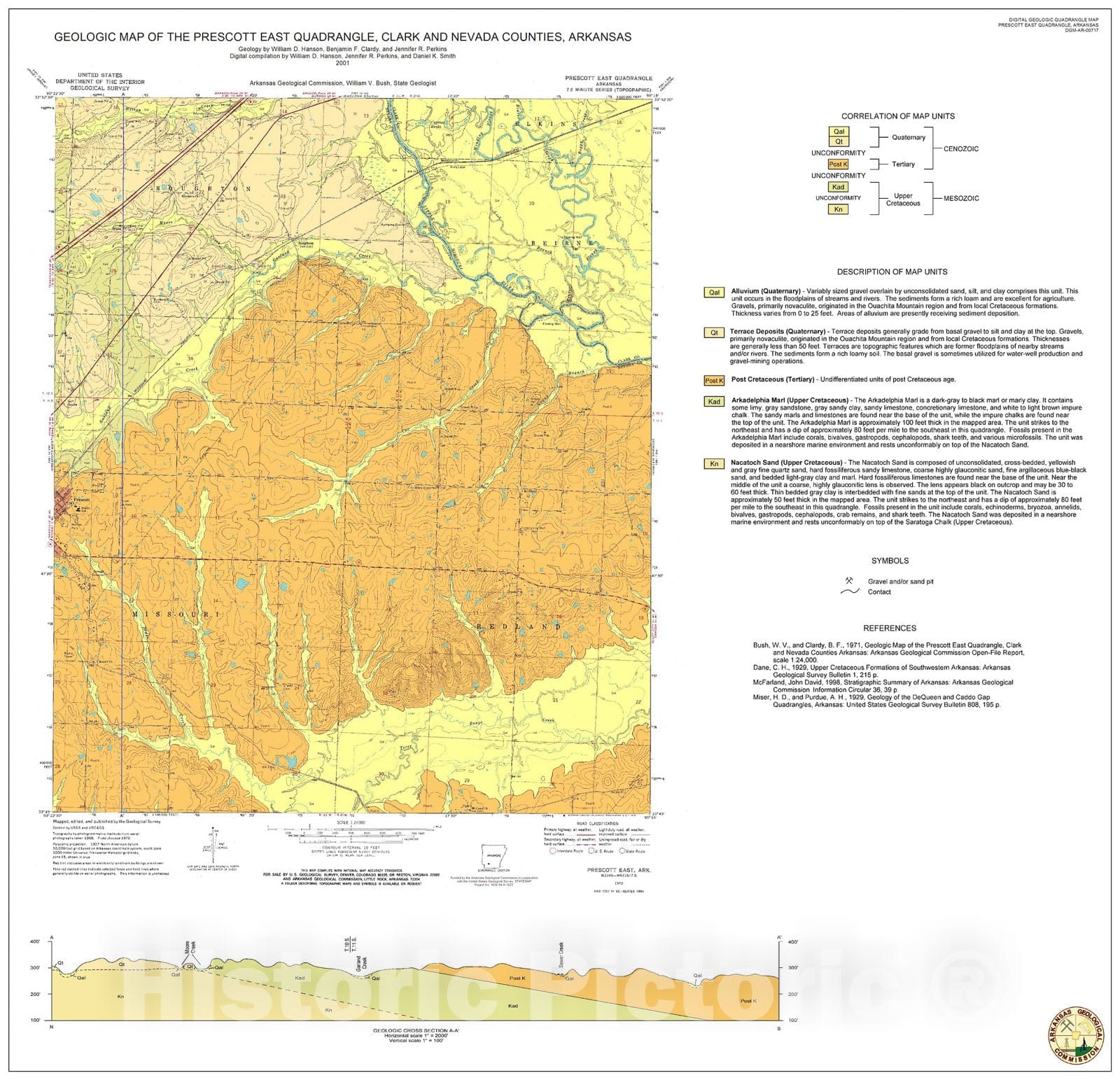 Map : Geologic Map of the Prescott East Quadrangle, Nevada and Clark Counties, Arkansas, 2000 Cartography Wall Art :