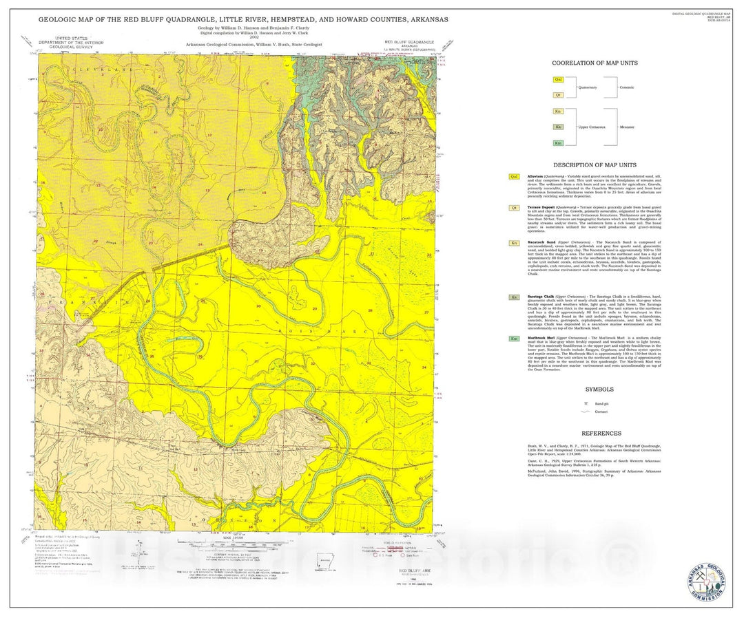Map : Geologic Map of the Red Bluff Quadrangle, Hempstead, Little River, and Howard Counties, Arkansas, 2002 Cartography Wall Art :