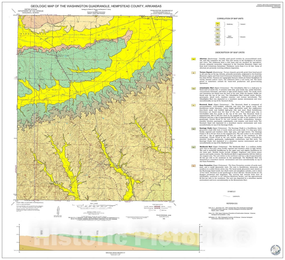 Map : Geologic Map of the Washington Quadrangle, Hempstead County, Arkansas, 1995 Cartography Wall Art :