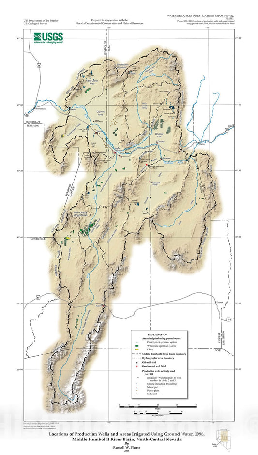Map : Ground-water use, locations of production wells, and areas irrigated using ground water in 1998, middle Humboldt River basin, north-central Nevada, 2003 Cartography Wall Art :