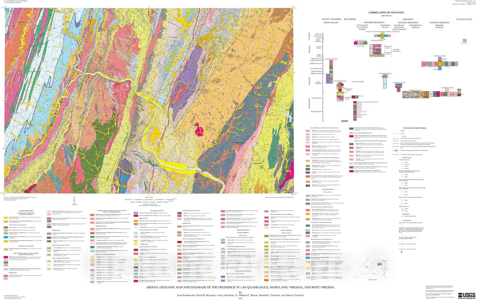 Map : Digital geologic map and database of the Frederick thirty X sixty minute quadrangle, Maryland, Virginia, and West Virginia, 2003 Cartography Wall Art :