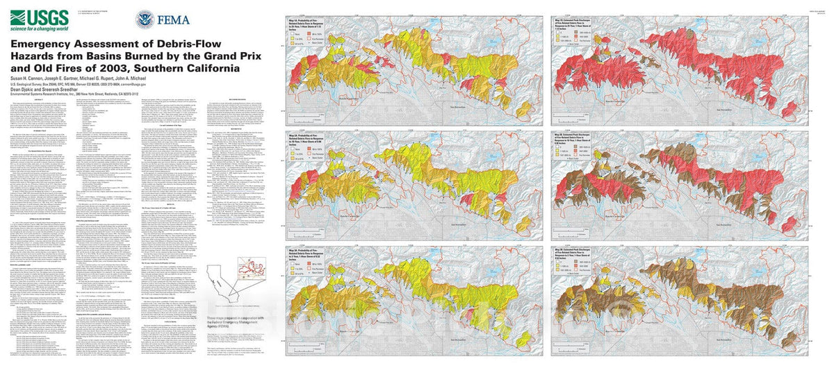 Map : Emergency assessment of debris-flow hazards from basins burned by the Grand Prix and Old fires of 2003, southern California, 2003 Cartography Wall Art :