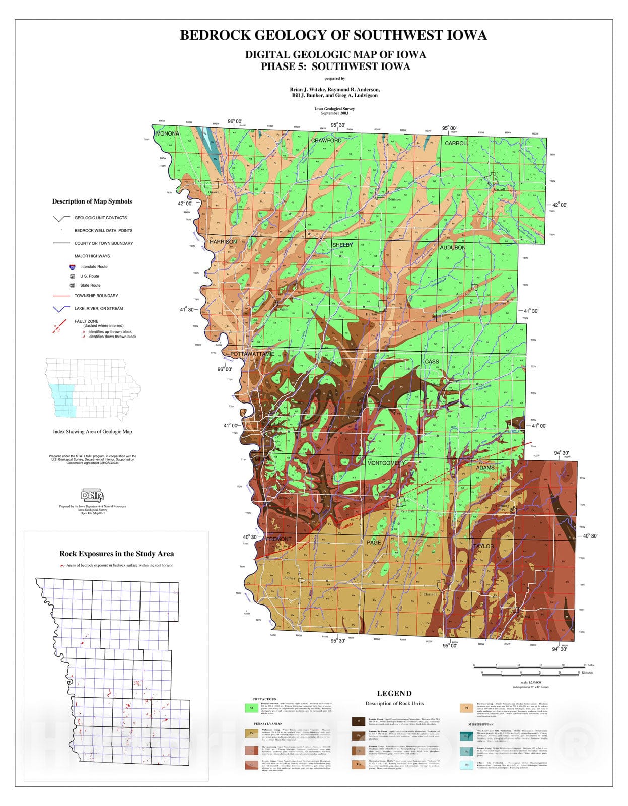 Map : Bedrock geology of southwest Iowa: digital geologic map of Iowa: phase 5: southwest Iowa, 2003 Cartography Wall Art :