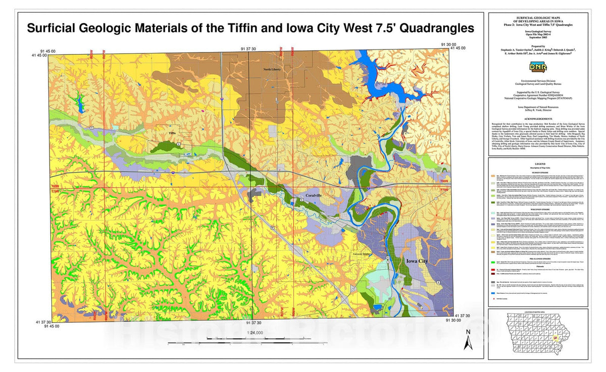 Map : Surficial geologic materials of the Iowa City west and Tiffin 7.5' quadrangles, 2003 Cartography Wall Art :