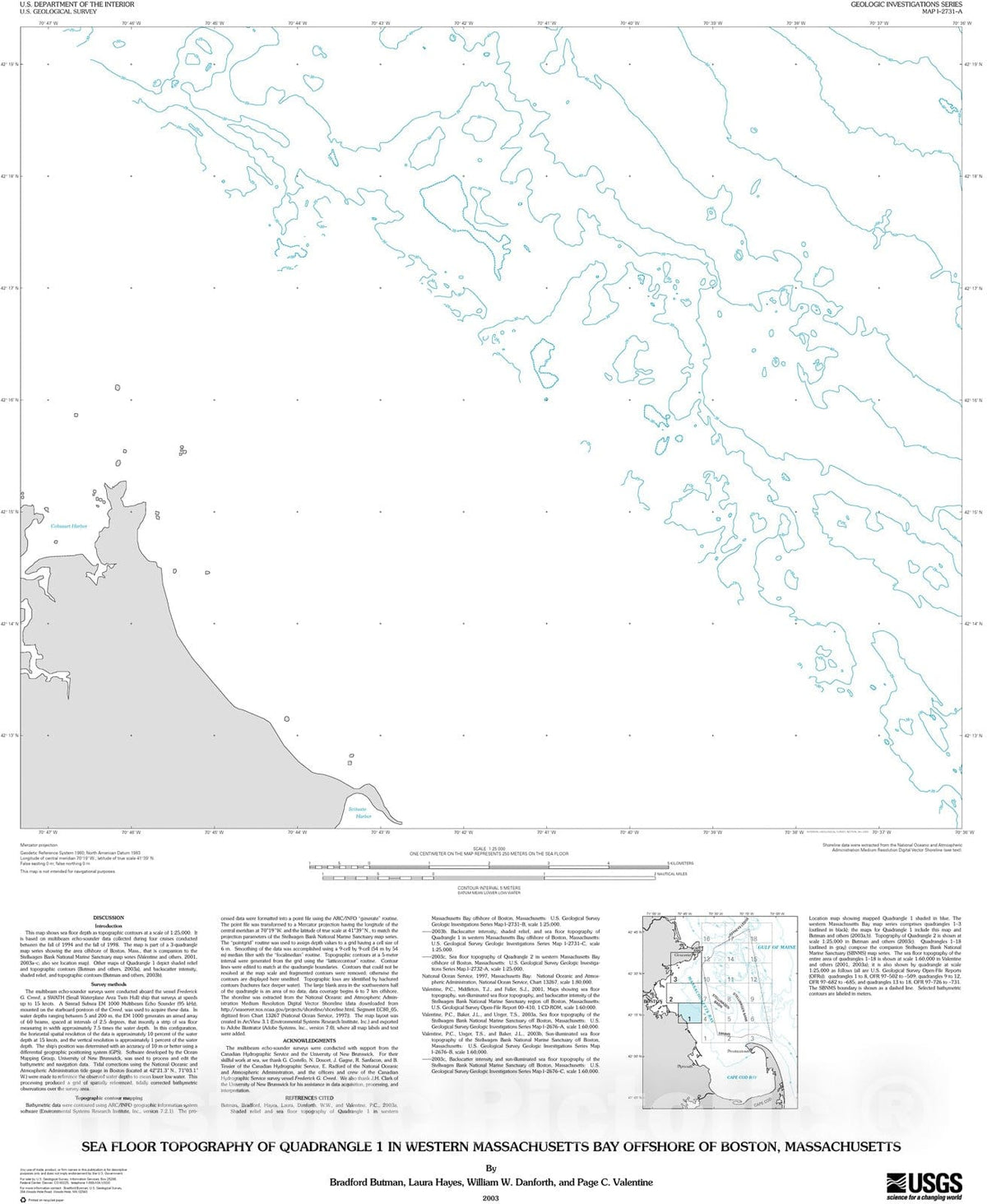 Map : Sea floor topography of Quadrangle one in western Massachusetts Bay off shore of Boston, Massachusetts, 2003 Cartography Wall Art :