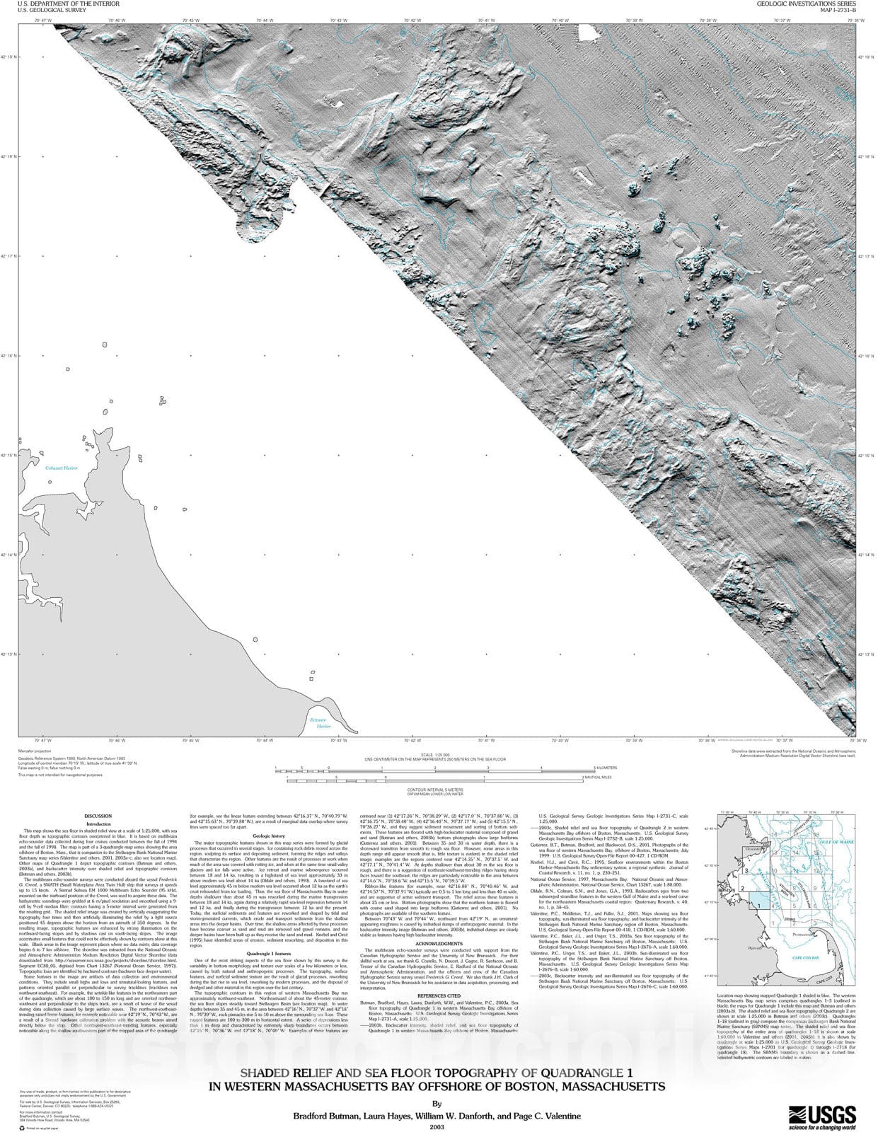 Map : Shaded relief and sea floor topography of Quadrangle one in western Massachusetts Bay off shore of Boston, Massachusetts, 2003 Cartography Wall Art :